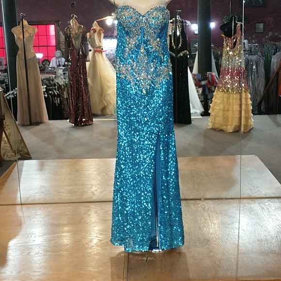 slim fit dress slacks Strapless Light Blue Lace Long Prom Dress with Slit – Dreamdressy main image 1